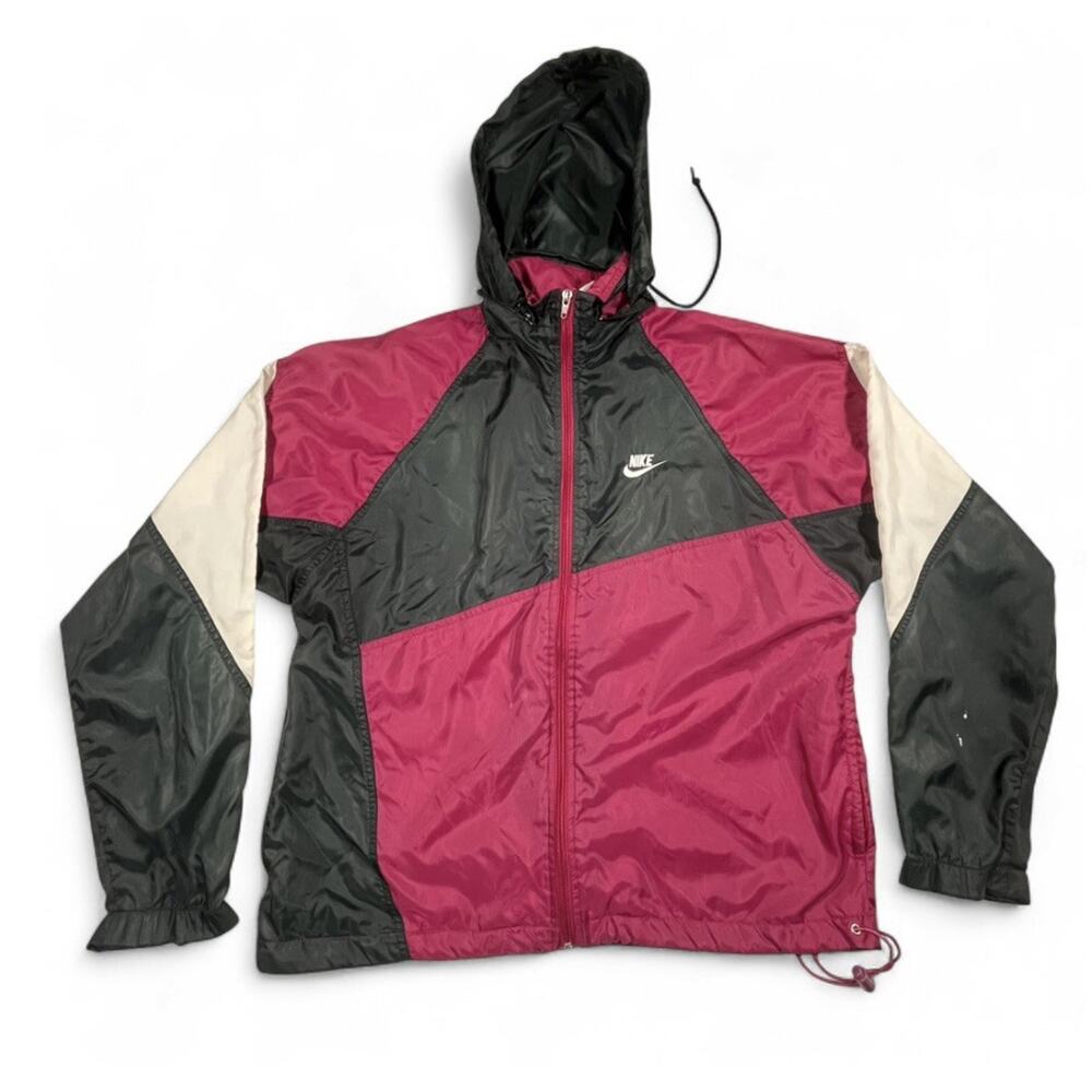 Vintage 80s Nike Windbreaker Hooded Jacket Pink Black White Medium